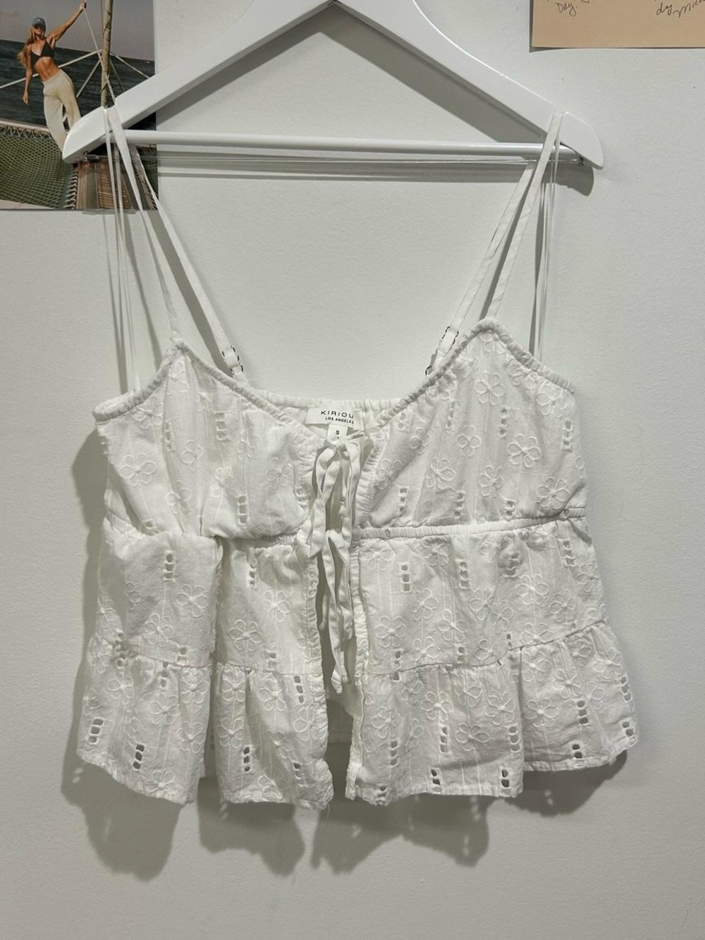 Kiriko White Eyelet Ruffle Tie-Front Cami